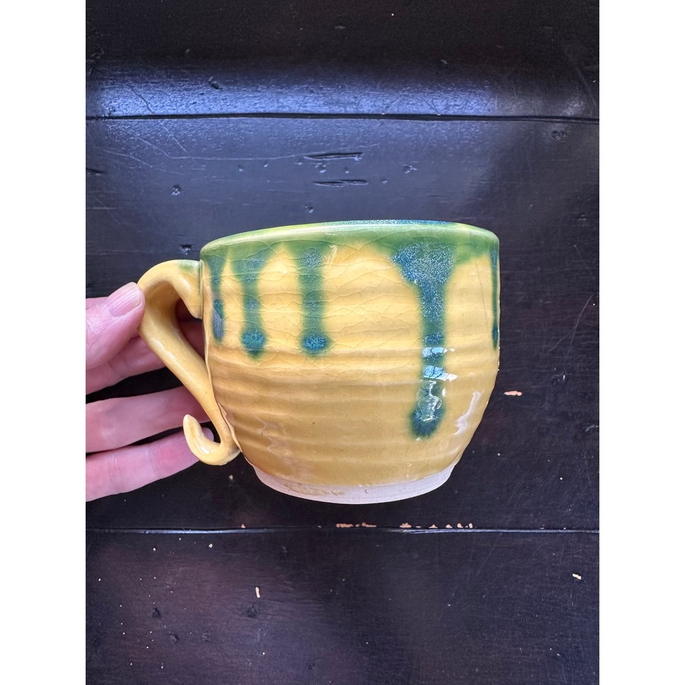 Vtg Studio Pottery Mug Yellow/Green Drip Glaze Signed Hand Thrown Art Ceramic